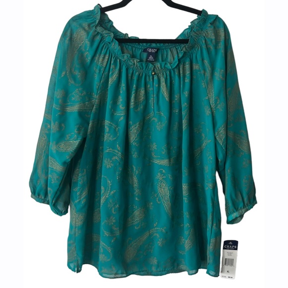 CHAPS Women’s Teal Green & Gold Semi Sheer Blouse Size XL - Picture 1 of 8